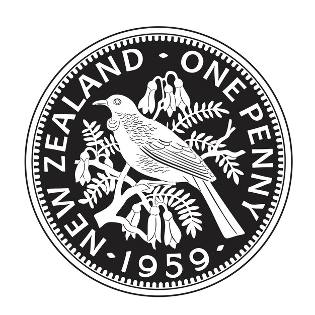 new zealand coin with bird black and white silhouette