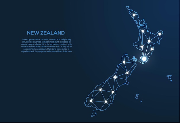 벡터 뉴질랜드 통신 네트워크 지도 별자리 음소거 및 별 형태의 도시 지도 형태의 조명이 있는 글로벌 지도의 벡터 낮은 폴리 이미지
