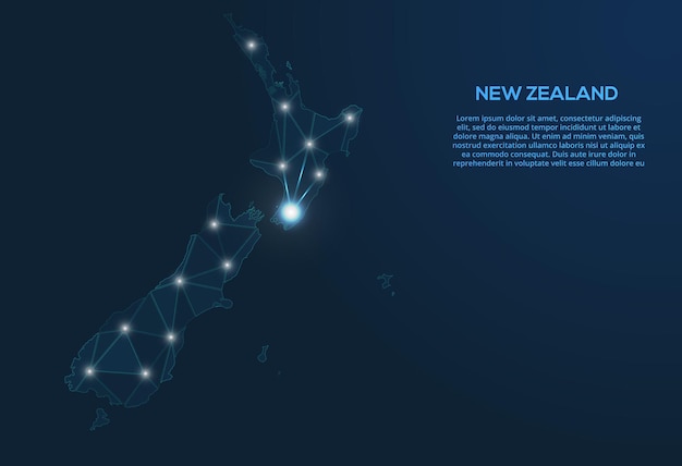 벡터 뉴질랜드 통신 네트워크 지도 별자리 음소거 및 별 형태의 도시 지도 형태의 조명이 있는 글로벌 지도의 벡터 낮은 폴리 이미지