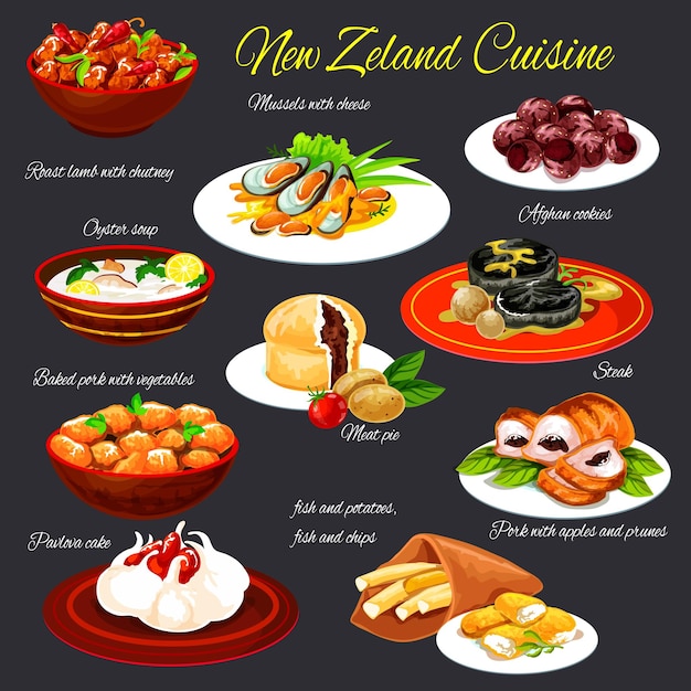 Вектор Вектор мясных блюд и десертов новозеландской кухни