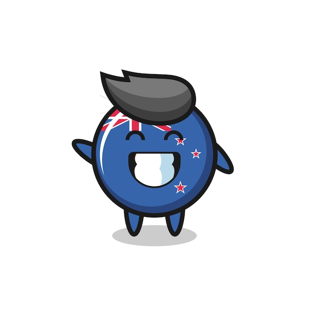 New zealand flag badge cartoon character doing wave hand gesture