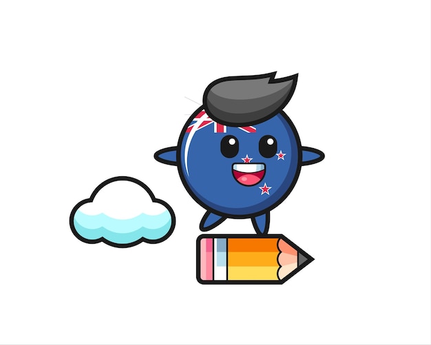 New zealand flag badge mascot illustration riding on a giant pencil