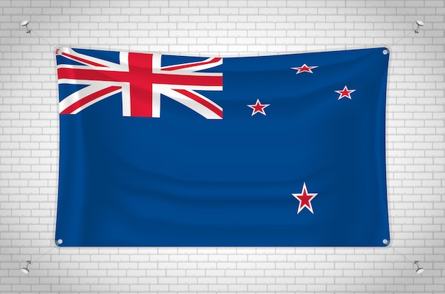 New Zealand flag hanging on brick wall. 3D drawing. Flag attached to the wall.