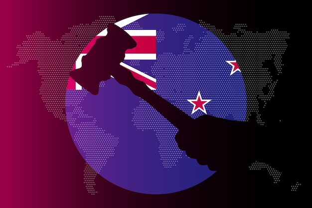 New Zealand flag with judge gavel corruption concept law or legal result news banner