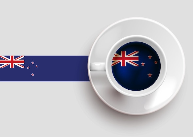 上面図においしいコーヒーカップとニュージーランドの旗