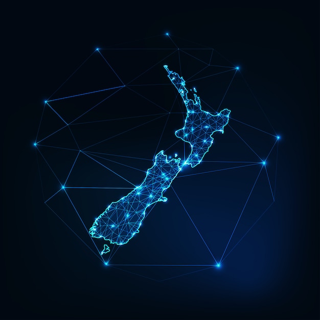 Vector new zealand map glowing silhouette outline made of stars lines dots triangles, low polygonal shapes.