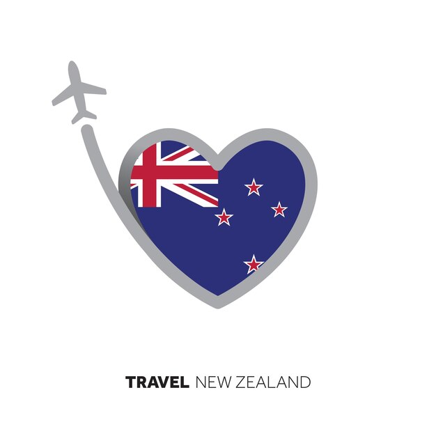 New Zealand travel concept Heart shape flag with airplane