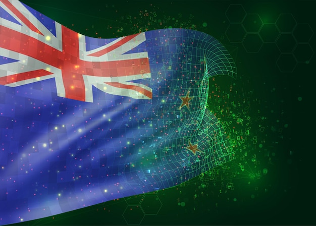 New zealand, on vector 3d flag on green background with polygons and data numbers