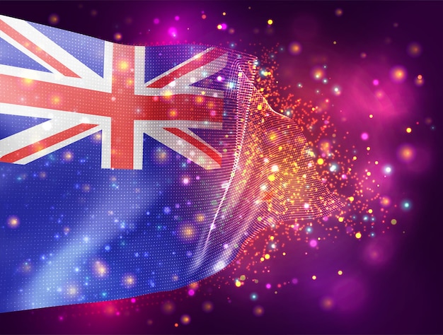 New Zealand,vector 3d flag on pink purple background with lighting and flares