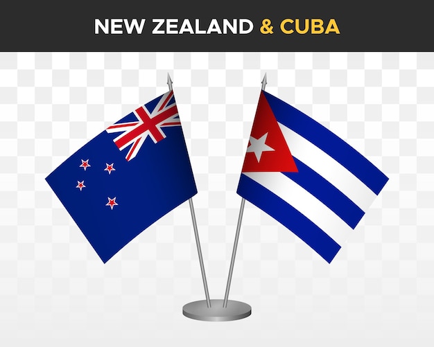 Bandiere da scrivania nuova zelanda vs cuba mockup isolato 3d illustrazione vettoriale bandiera da tavolo
