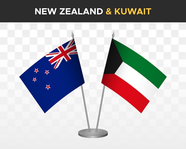 New Zealand vs kuwait desk flags mockup isolated 3d vector illustration table flag