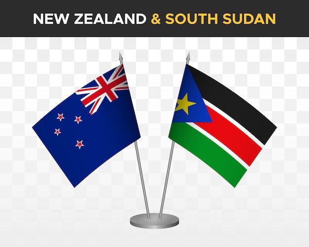 Bandiera della tabella dell'illustrazione di vettore 3d isolata del mockup delle bandiere della scrivania della nuova zelanda e del sudan del sud