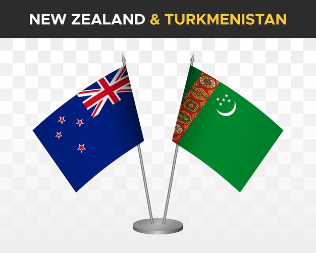New Zealand vs turkmenistan desk flags mockup isolated 3d vector illustration table flag