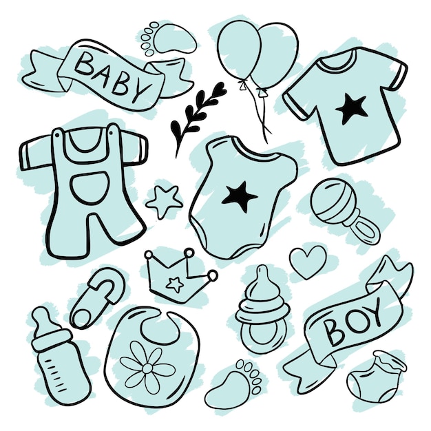 Vector newborn baby boy stuff accessories vector set