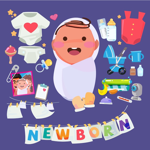 Новорожденный персонаж с набором аксессуаров по уходу за ребенком. типографский дизайн заголовка