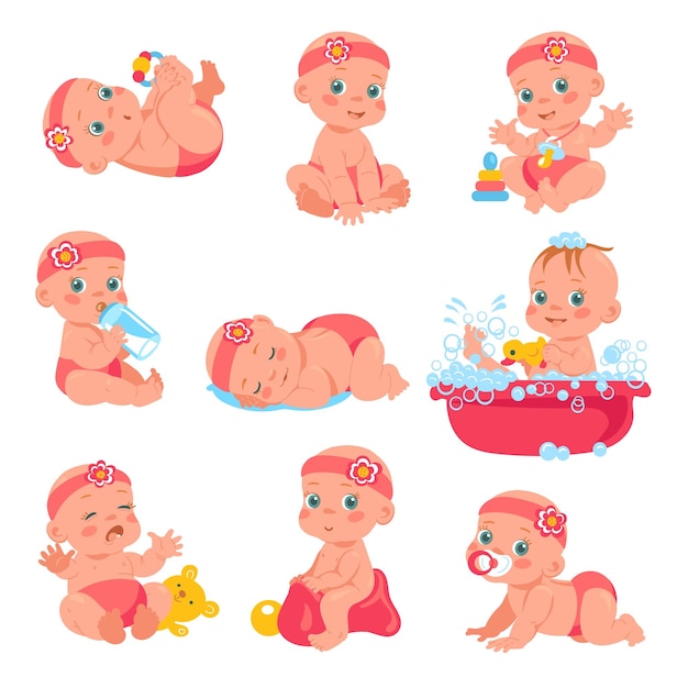 Vector newborn baby girl happy kid in pink headband and diaper daily toddler care little child in bathroom infancy age different emotions daughter playing or sleeping vector infants set