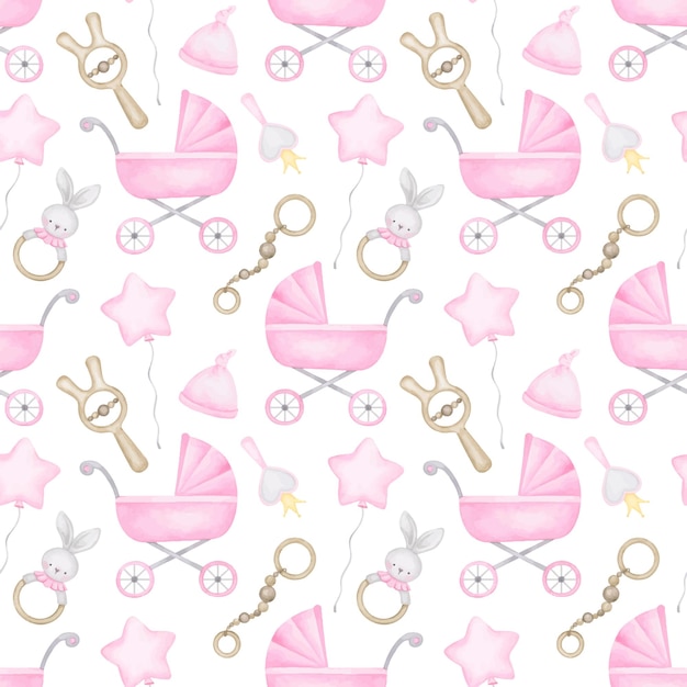 Vector newborn baby girl stroller and toys background nursery girl wallpaper design template girl elements seamless pattern wrapping paper fabric texture