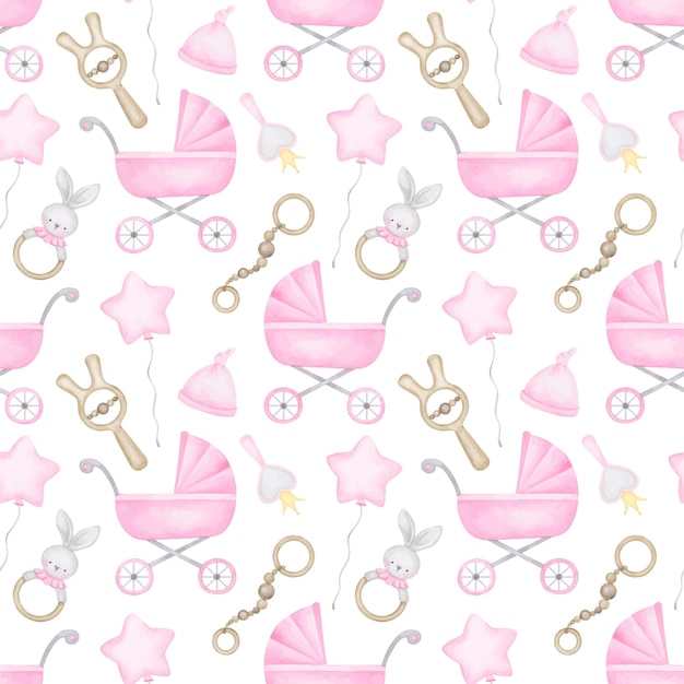 Newborn Baby Girl Stroller And Toys Background Nursery Girl Wallpaper Design Template Girl Elements Seamless Pattern Wrapping Paper Fabric Texture