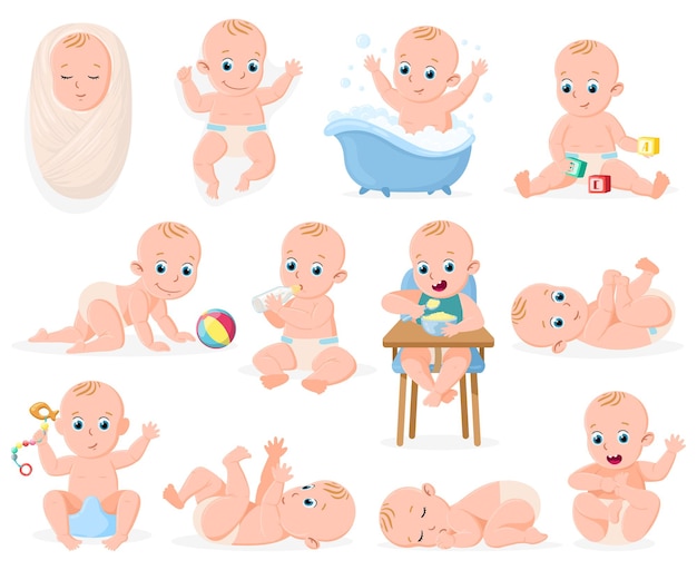 Vector newborn baby. infant cute boy or girl babies, infant baby bathing, sleeping and playing activities vector illustration set. infant newborn babies. child kids in bathtub, sleeping newborn and feed