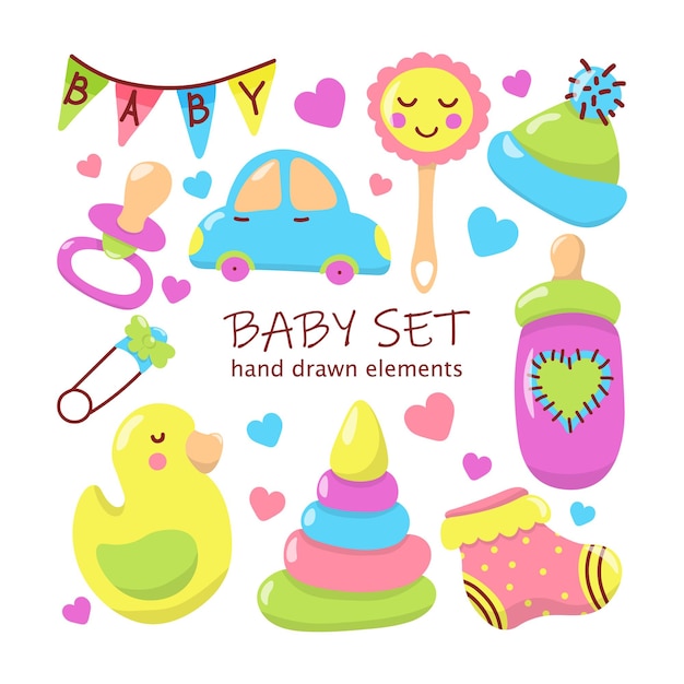 Vector newborn baby items set with cartoon element hand drawn stock vector illustration