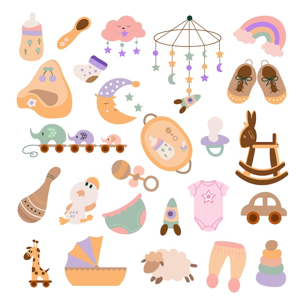 Newborn baby items set with cartoon elements Items Cute Set and dcor isolated stickers Vector