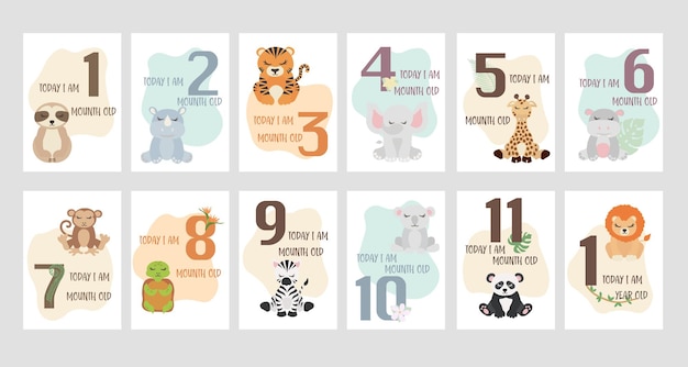 Carta milestone neonato. carte baby milestone con animali safari. 1-11 mesi e 1 anno.