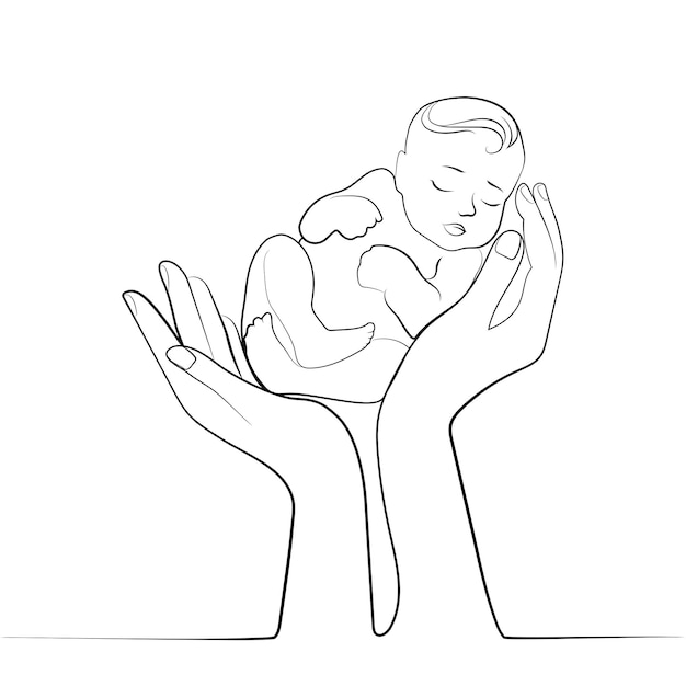 어머니의 손에 있는 신생아는 연속적인 현대적인 디자인, 윤곽선 벡터 삽화입니다.