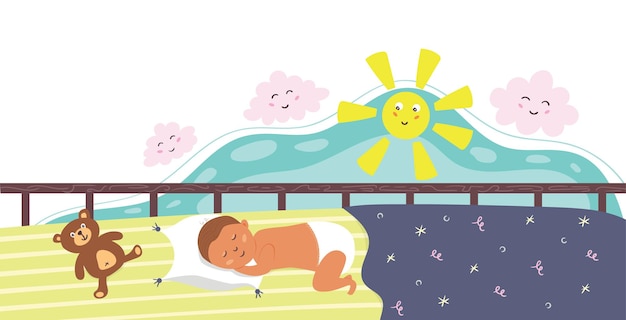 Newborn baby sleeping in a crib. Child's lunchtime sleep. Vector flat illustration