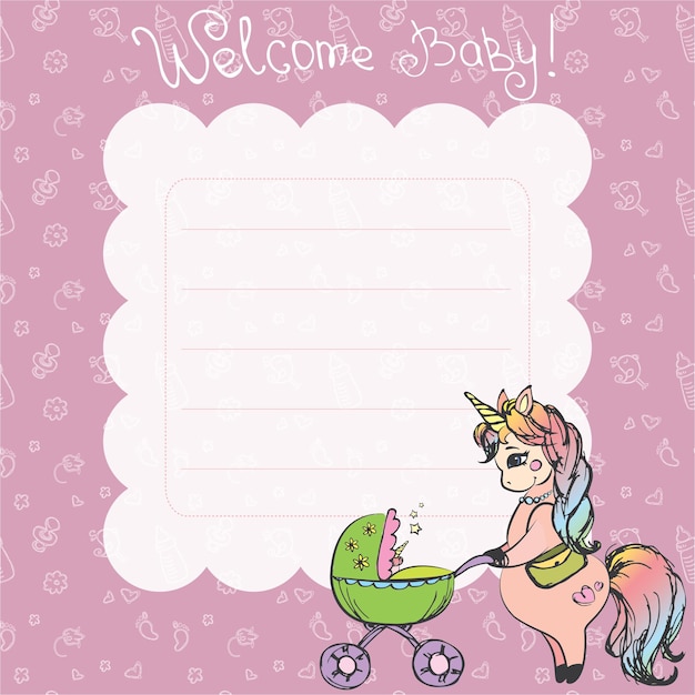 Newborn Background with place for text and unicorn with pram Baby shower greeting card vector
