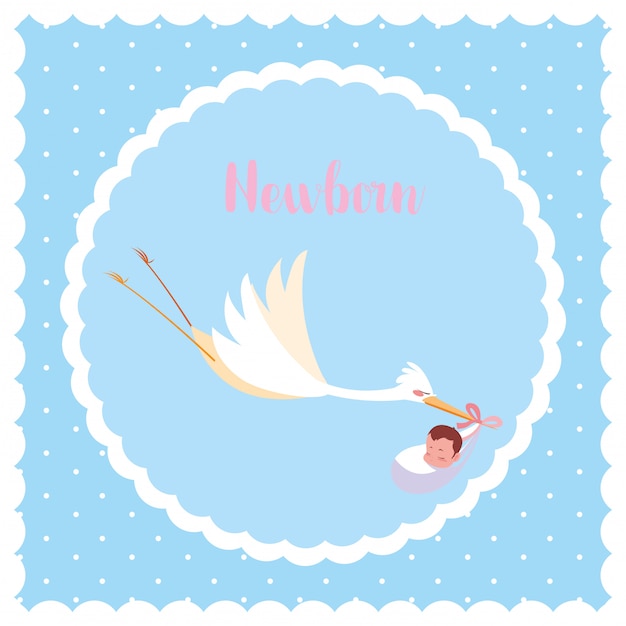 Newborn card with stork flying and baby bag