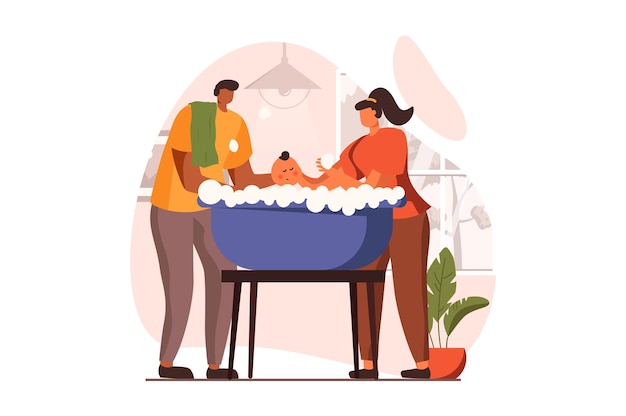 newborn child in young family web concept in flat design happy dad and mom bathing baby in bubble ba