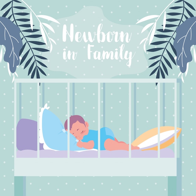 Vector newborn in family with baby sleeping in crib