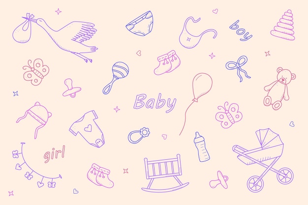 Newborn icons set doodle style Vector illustration of elements for a baby