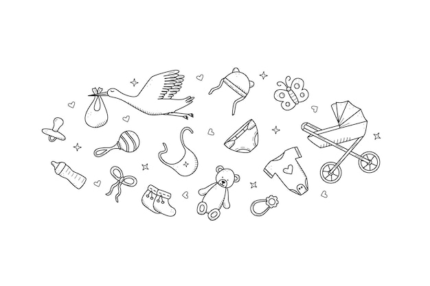 Newborn icons set doodle style Vector illustration of elements for a baby