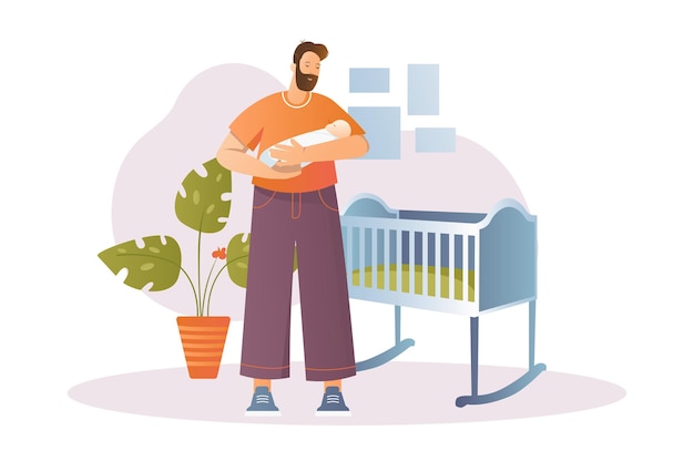 Newborns concept with people scene in the flat cartoon style A man is putting his little son to bed