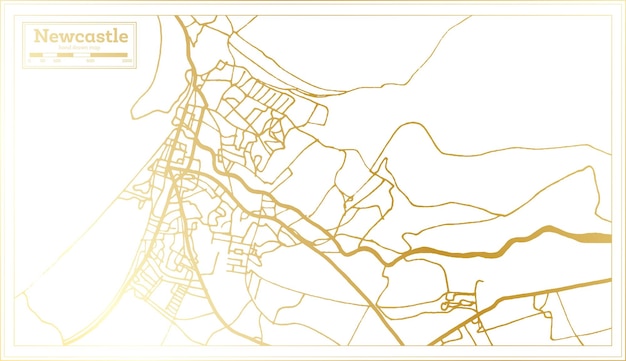 ゴールデンカラーのレトロなスタイルのニューカッスルイングランド都市地図白地図