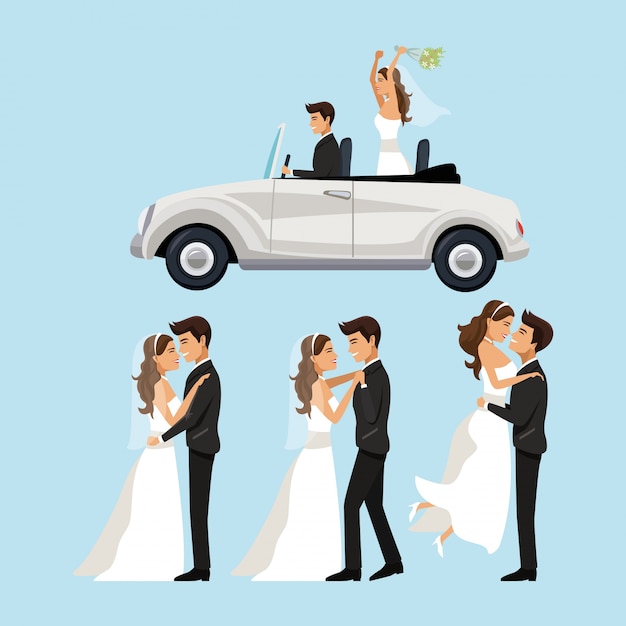 Vector newly married couple in different standing and car