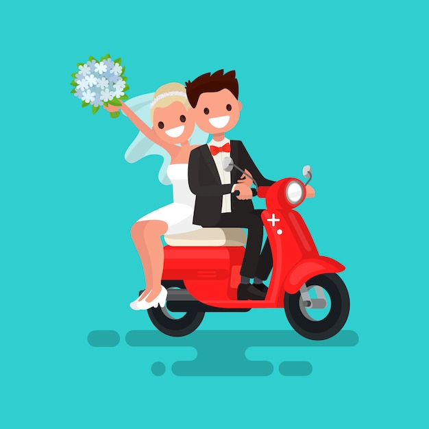 Newlyweds go on a red moped illustration