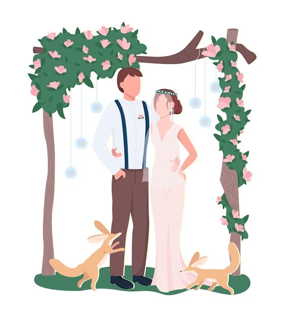 Newlyweds at outdoor ceremony semi flat color vector characters. Standing figures. Full body people on white. Wedding isolated modern cartoon style illustration for graphic design and animation