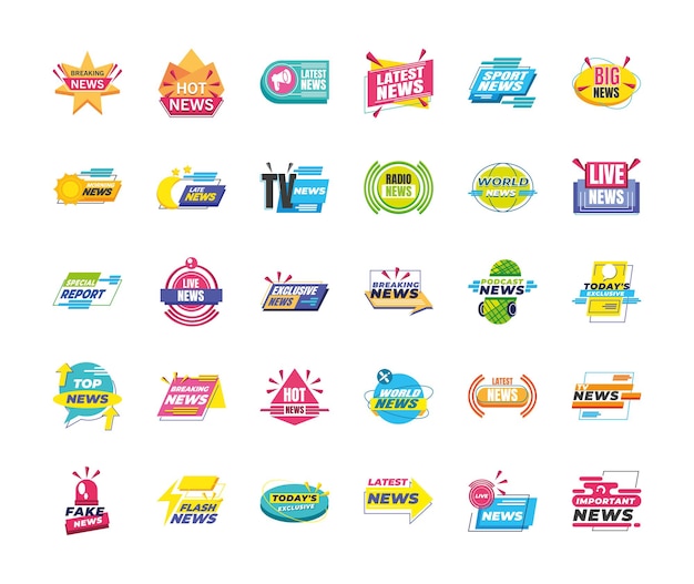 News banners and labels icon bundle design, technology channel communication and tv theme  illustration