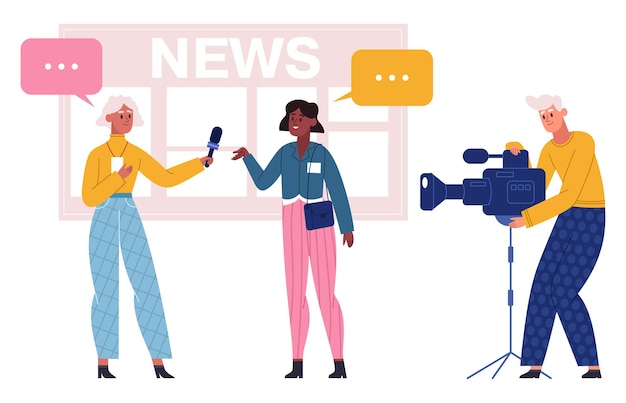 Vector news broadcasting, reporter take interview with reportage hero. journalist and operator recording news, interviewing celebrity person vector illustration. mass media workflow. media news reporter