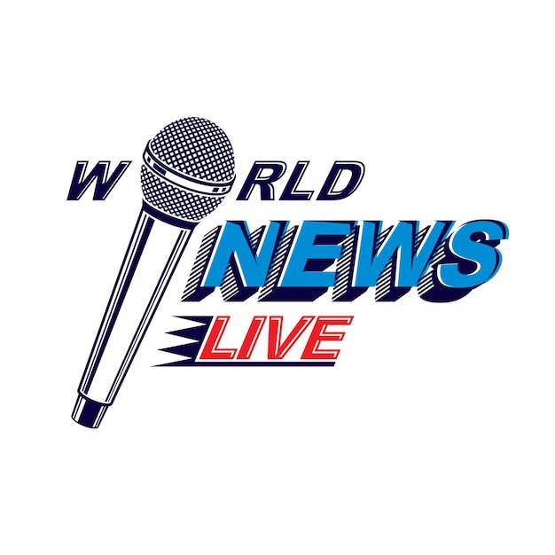 Vector news and facts reporting vector logo composed using world news inscription and journalistic microphone equipment.