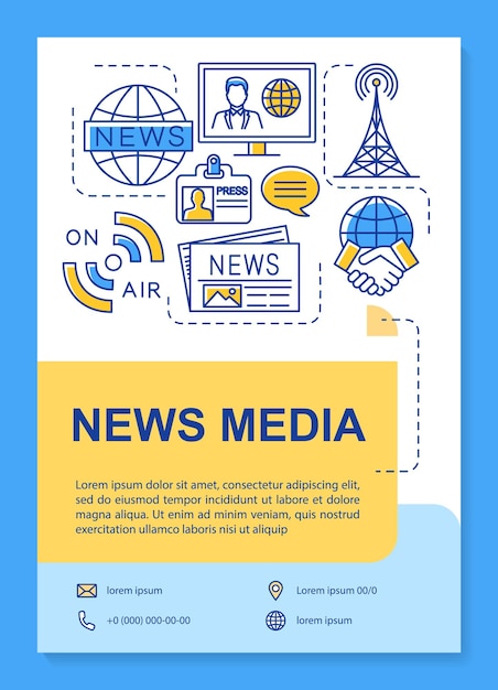 Vettore layout del modello di poster dei media di notizie. industria delle telecomunicazioni. banner, opuscolo, stampa di volantini con icone lineari. layout di pagina di brochure vettoriali per riviste, volantini pubblicitari