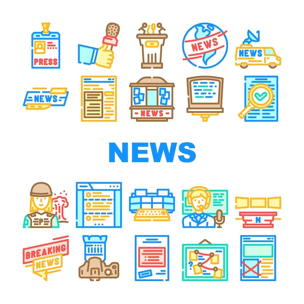 Vector news media screen business icons set vector digital online information technology breaking tv press world internet daily news media screen business color line illustrations