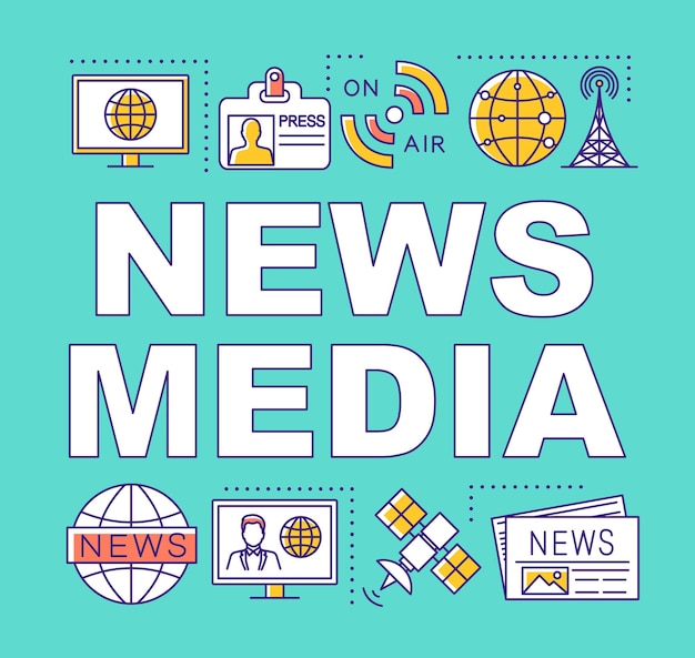 News media word concepts banner. information agency. broadcasting. journalism and press. presentation, website. isolated lettering typography idea with linear icons. vector outline illustration