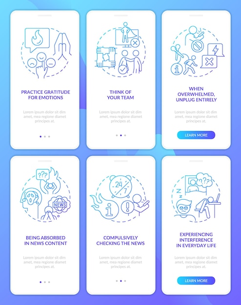 News overload blue gradient onboarding mobile app screen set