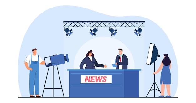 News presenters behind desk in studio with camera crew. backstage or set of broadcast or tv show flat vector illustration. television, broadcasting concept for banner, website design or landing page