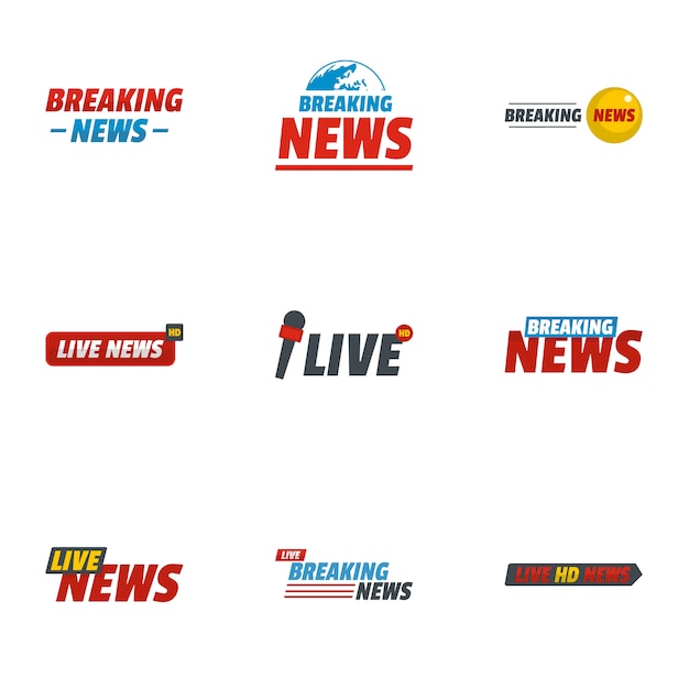 News report icons set, flat style