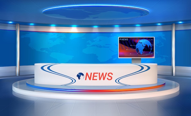 News room Realistic studio for recording TV programs 3D newscaster's table and presentation monitor spotlight and world map Vector television broadcasting of streaming reportage