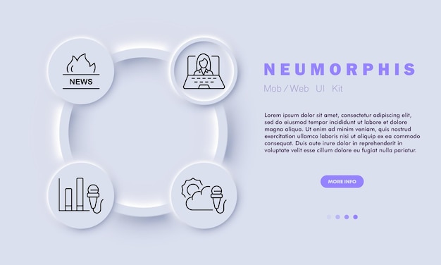 News set line icon Schedule microphone reporter laptop clouds sun Neomorphism style Vector line icon for business and advertising